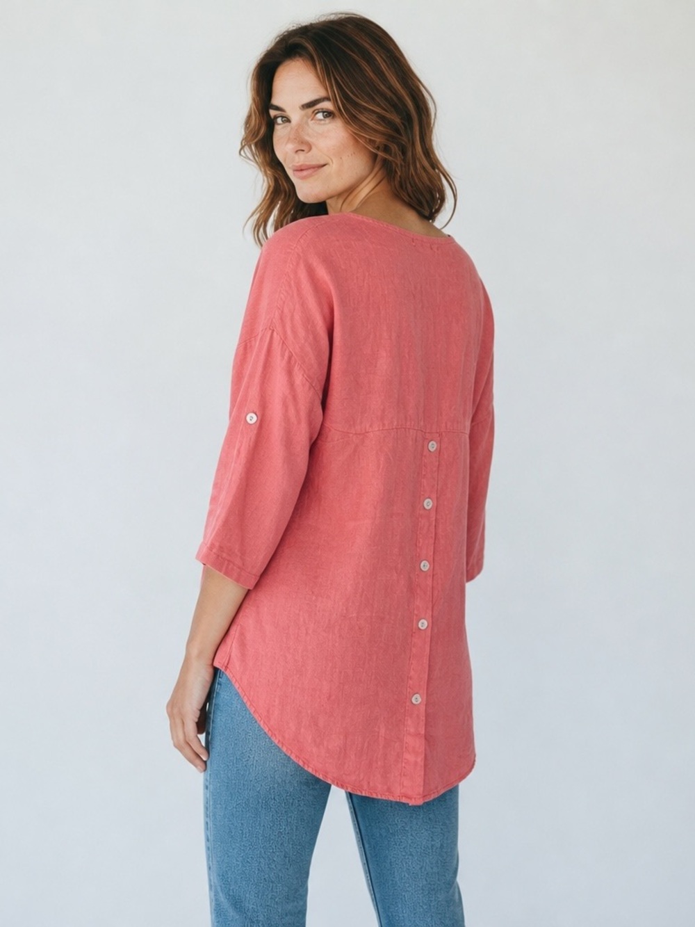 Terzo Millennio Linen Coastal Coral Lagenlook Button-Back Tunic Blouse Top -L